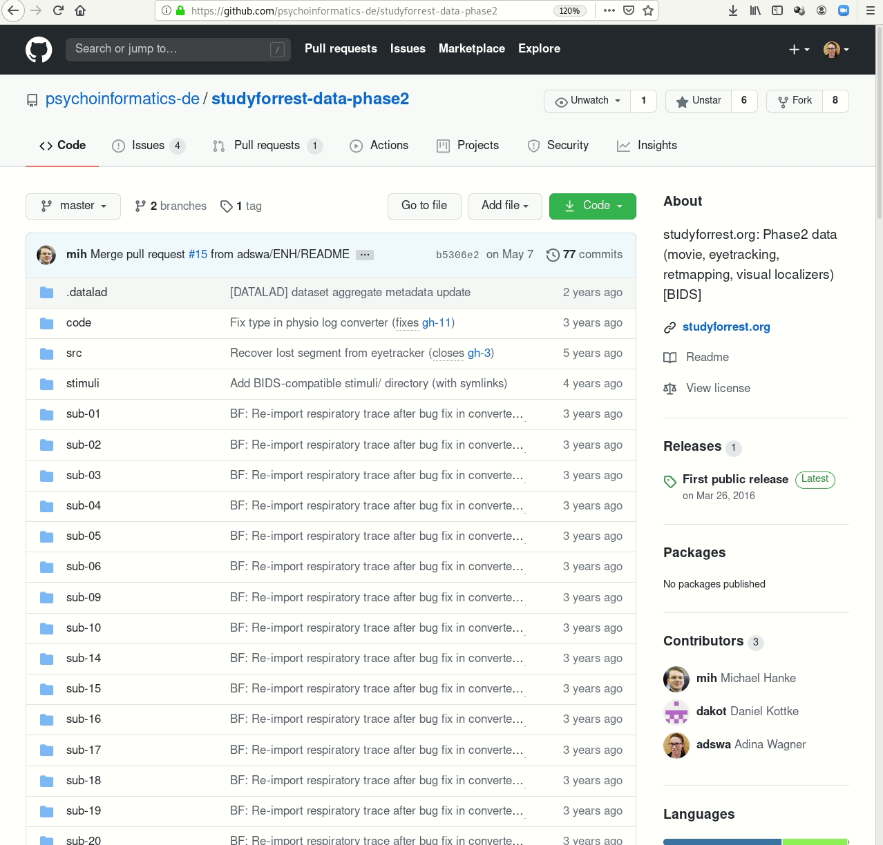 a screenrecording of cloning studyforrest data from github